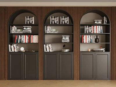 Dark Colored Arched Design Bookcases With Multiple Shelves Books And Decorative Items In Wooden Background 3d model