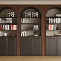 Dark Colored Arched Design Bookcases With Multiple Shelves Books And Decorative Items In Wooden Background