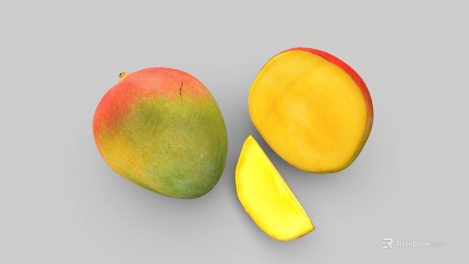 Whole Fresh Ripe Mango With Red Green Skin And Sliced Yellow Juicy Flesh 3d model 