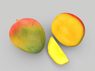 Whole Fresh Ripe Mango With Red Green Skin And Sliced Yellow Juicy Flesh 3d model