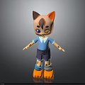 Cute Cartoon Cat Character With Orange Ears Facial Markings Blue Shirt And Orange Shoes