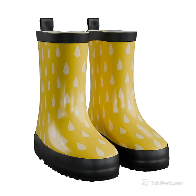 Bright Yellow Rain Boots With White Raindrop Patterns And Black Soles Cuffs 3d model 