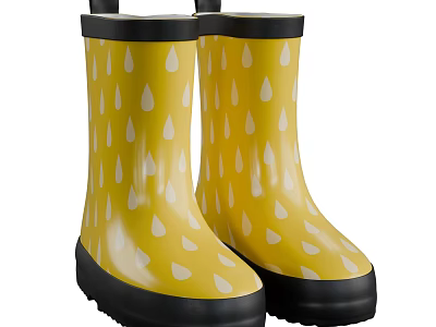 Bright Yellow Rain Boots With White Raindrop Patterns And Black Soles Cuffs 3d model