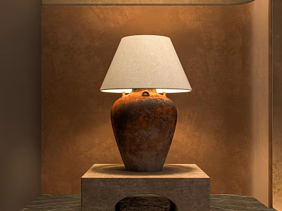 Rustic Brown Terracotta Vase Shaped Table Lamp With Fabric Lampshade And Stone Base 3d model