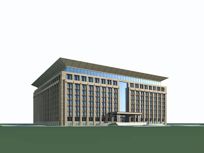 Modern Office Building Exterior With Stone Facade Large Windows Sloped Roof And Green Lawn 3d model