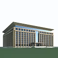 Modern Office Building Exterior With Stone Facade Large Windows Sloped Roof And Green Lawn