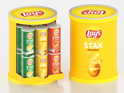 Lays Stax Potato Chips In Yellow Cylindrical Storage Rack With Various Flavors And Original Can 3d model