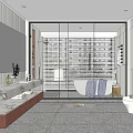 Modern Elegant Bathroom Interior With Marble Vanity Countertop Bathtub Large Window Blinds Shelves And Toilet
