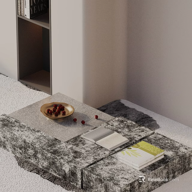 Modern Grey Sofa Coffee Table Set With Marble Top Bowl Of Red Fruits And Books 3d model 