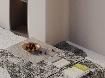 Modern Grey Sofa Coffee Table Set With Marble Top Bowl Of Red Fruits And Books 3d model