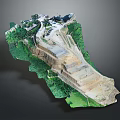 Cartoon Scene With 3D Terrain Model Green Vegetation Layered Steps White Gray Layers