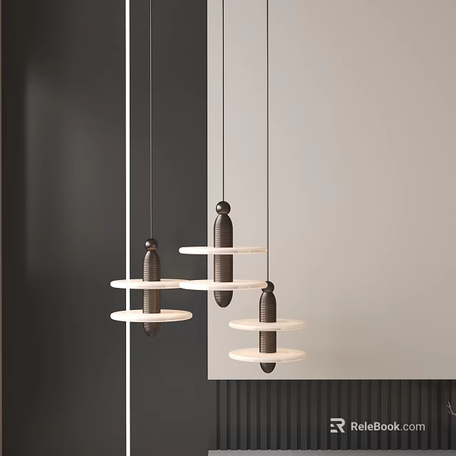 Three Modern Minimalist Pendant Lights With Black And White Circular Rings Hanging In Interior 3d model 