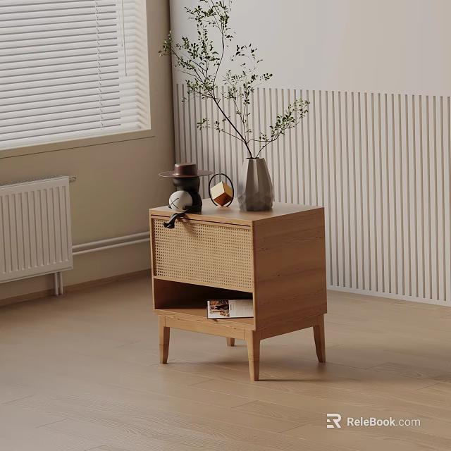 Modern Minimalist Wooden Bedside Table with Woven Drawer and Vase Green Plants 3d model 