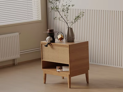Modern Minimalist Wooden Bedside Table with Woven Drawer and Vase Green Plants 3d model