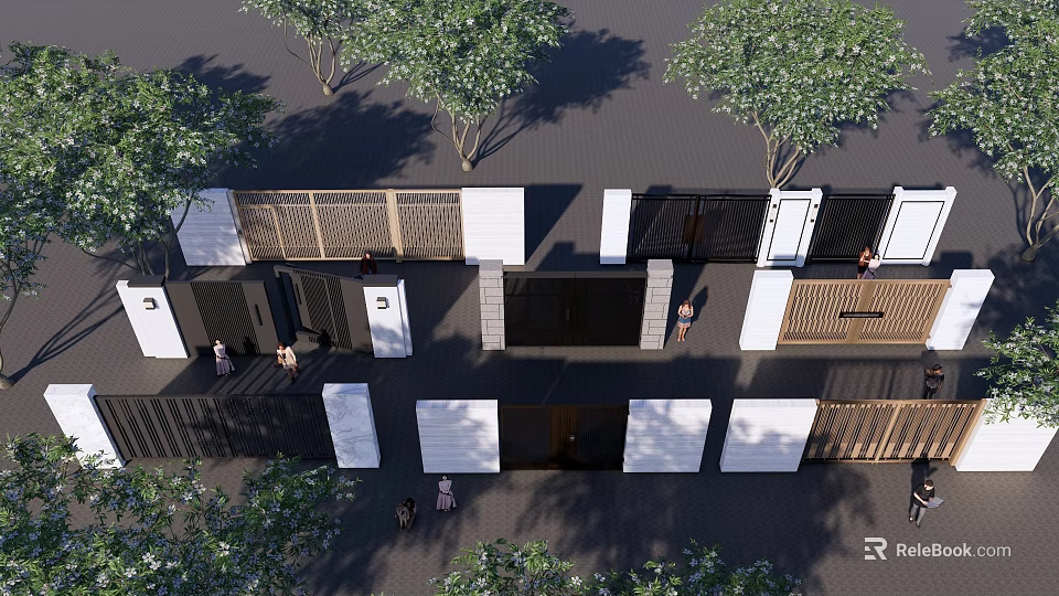 Modern Building Facade Design With White Walls Wooden Elements And Trees 3d model 