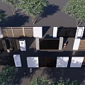 Modern Building Facade Design With White Walls Wooden Elements And Trees