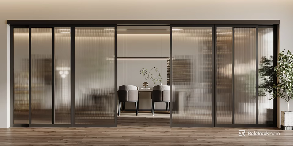 Modern Glass Sliding Doors Framing Elegant Dining Area With Chairs And Warm Lighting 3d model 