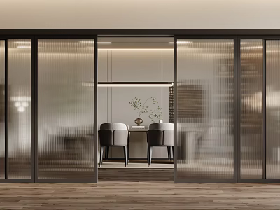 Modern Glass Sliding Doors Framing Elegant Dining Area With Chairs And Warm Lighting 3d model