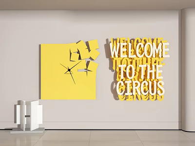 Yellow Wall Decor With Broken Design Clock Element And 3D Welcome to the Circus Letters 3d model