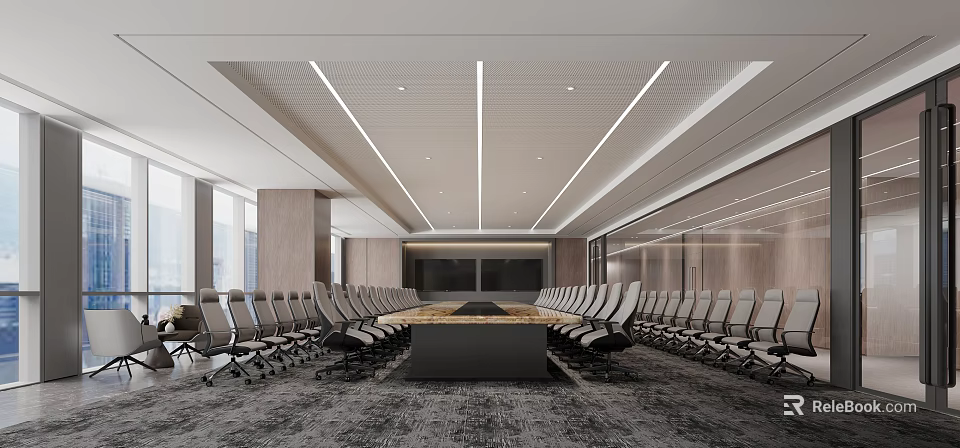 Modern Conference Room Interior Design With Long Table Comfortable Chairs Ceiling Lights And Large Windows 3d model 