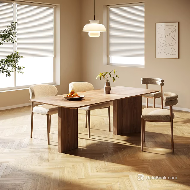 Wooden Dining Table Set with Light Chairs Fruit Plate Vase and Window Blinds 3d model 