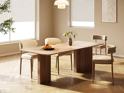 Wooden Dining Table Set with Light Chairs Fruit Plate Vase and Window Blinds 3d model