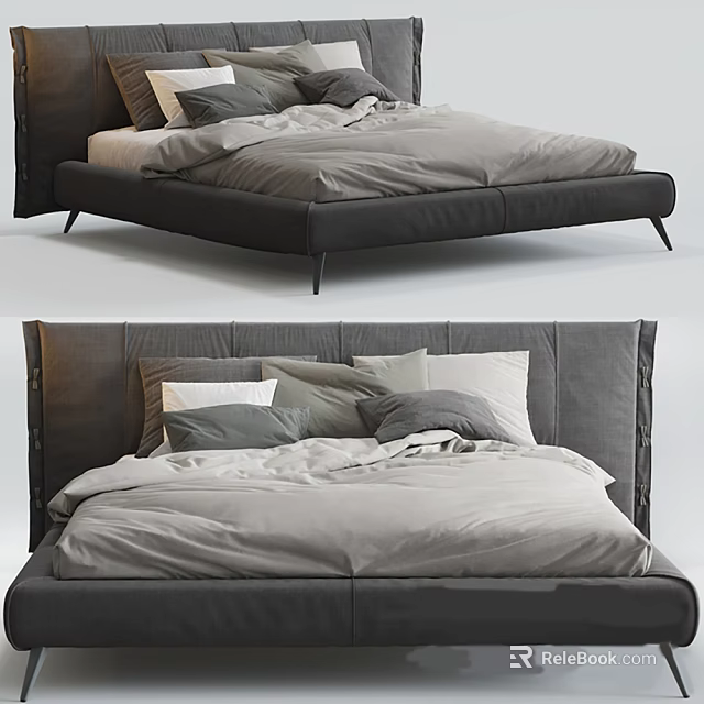 Modern Upholstered Double Bed with Gray Headboard and Comfortable Pillows Soft Linens 3d model
