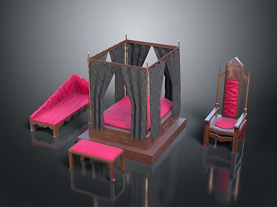 Vintage Pink Upholstered Bedroom Furniture With Canopy Bed Chaise Lounge Stool And Chair 3d model