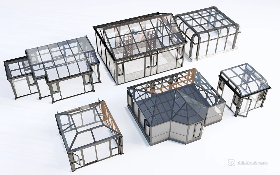 Architectural Components Of Various Glass Structures With Black Metal Frames And Transparent Glass 3d model 