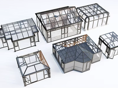 Architectural Components Of Various Glass Structures With Black Metal Frames And Transparent Glass 3d model