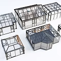 Architectural Components Of Various Glass Structures With Black Metal Frames And Transparent Glass