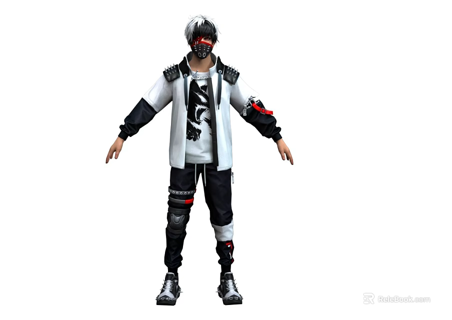 A Man With White Hair Mask In White Jacket Black Sleeves Patterned T-shirt Black Pants 3d model 