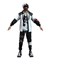 A Man With White Hair Mask In White Jacket Black Sleeves Patterned T-shirt Black Pants