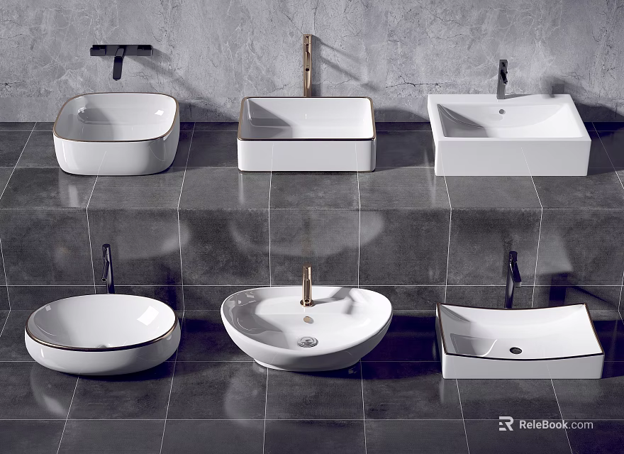 Multiple White Ceramic Washbasins With Various Shapes And Gold Black Faucets On Gray Tile Wall 3d model 