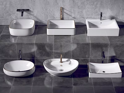 Multiple White Ceramic Washbasins With Various Shapes And Gold Black Faucets On Gray Tile Wall 3d model