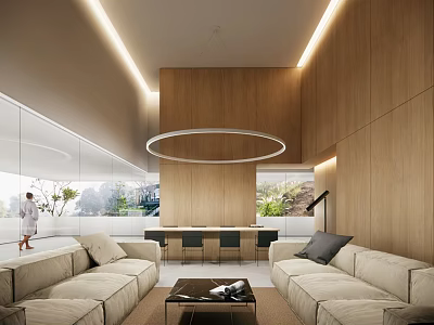 Modern Living and Dining Room Interior With Wooden Walls Round Pendant Light And Sofas 3d model