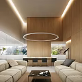 Modern Living and Dining Room Interior With Wooden Walls Round Pendant Light And Sofas