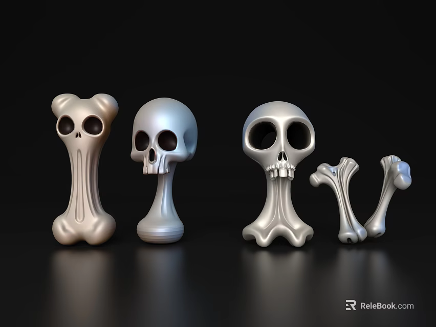 Modern Artistic 3D Metallic Skull And Bone Models On Black Background 3d model 