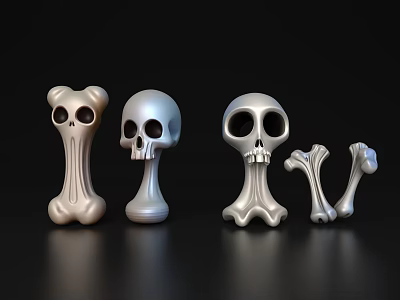 Modern Artistic 3D Metallic Skull And Bone Models On Black Background 3d model