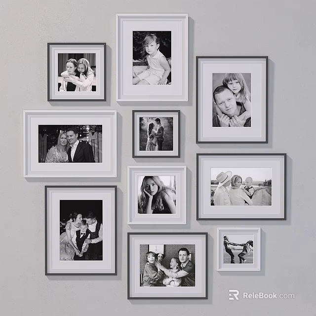 Multiple Photo Frames With Black And White Family Photos On Wall Decor 3d model 
