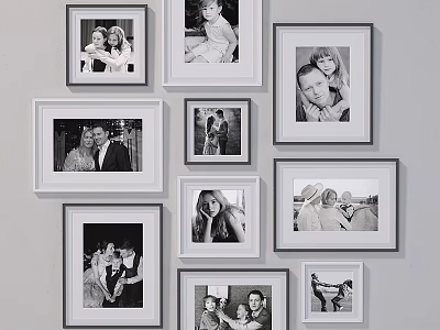 Multiple Photo Frames With Black And White Family Photos On Wall Decor 3d model