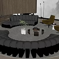 Modern Living Room Interior With Curved Black Leather Sofa Round Coffee Table And Floor Lamp