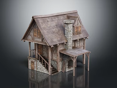 Rustic Wooden House Exterior With Sloped Roof Stone Chimney And Wooden Staircase Porch 3d model