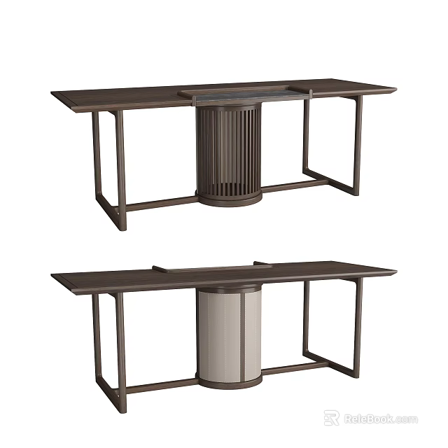 Modern Minimalist Tea Table and Chairs with Wooden Rectangular Top and Cylindrical Storage Base 3d model