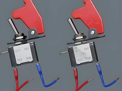 Industrial Equipment Switches With Red Handles 12V 20A Labels And Red Blue Wires 3d model