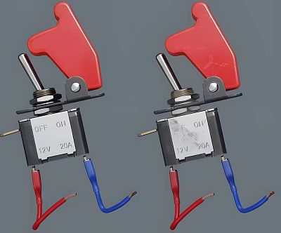 Industrial Equipment Switches With Red Handles 12V 20A Labels And Red Blue Wires 3d model