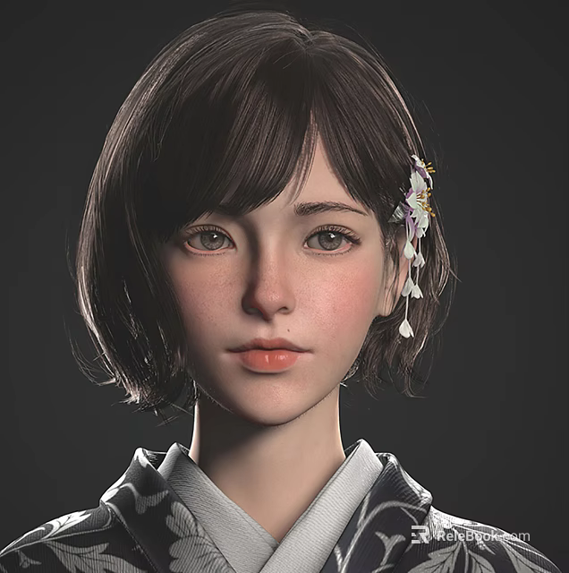Woman With Short Hair And White Flower Accessory In Traditional Clothing 3d model 