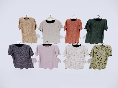 Fashionable Short Sleeved T shirts in Various Colors Solid and Patterned Designs Hanging on Hangers 3d model