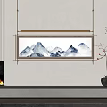 Chinese Ink Style Landscape Painting With Mountain Peaks Hanging Above Modern Fireplace