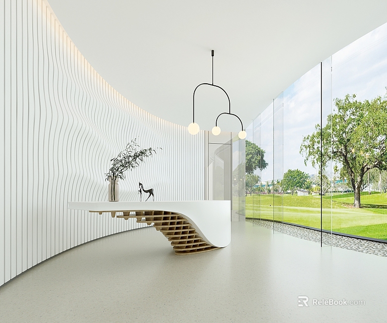 Modern Reception Desk with Wavy White Walls Wooden Structure Pendant Lights Overlooking Green Lawn Trees 3d model 